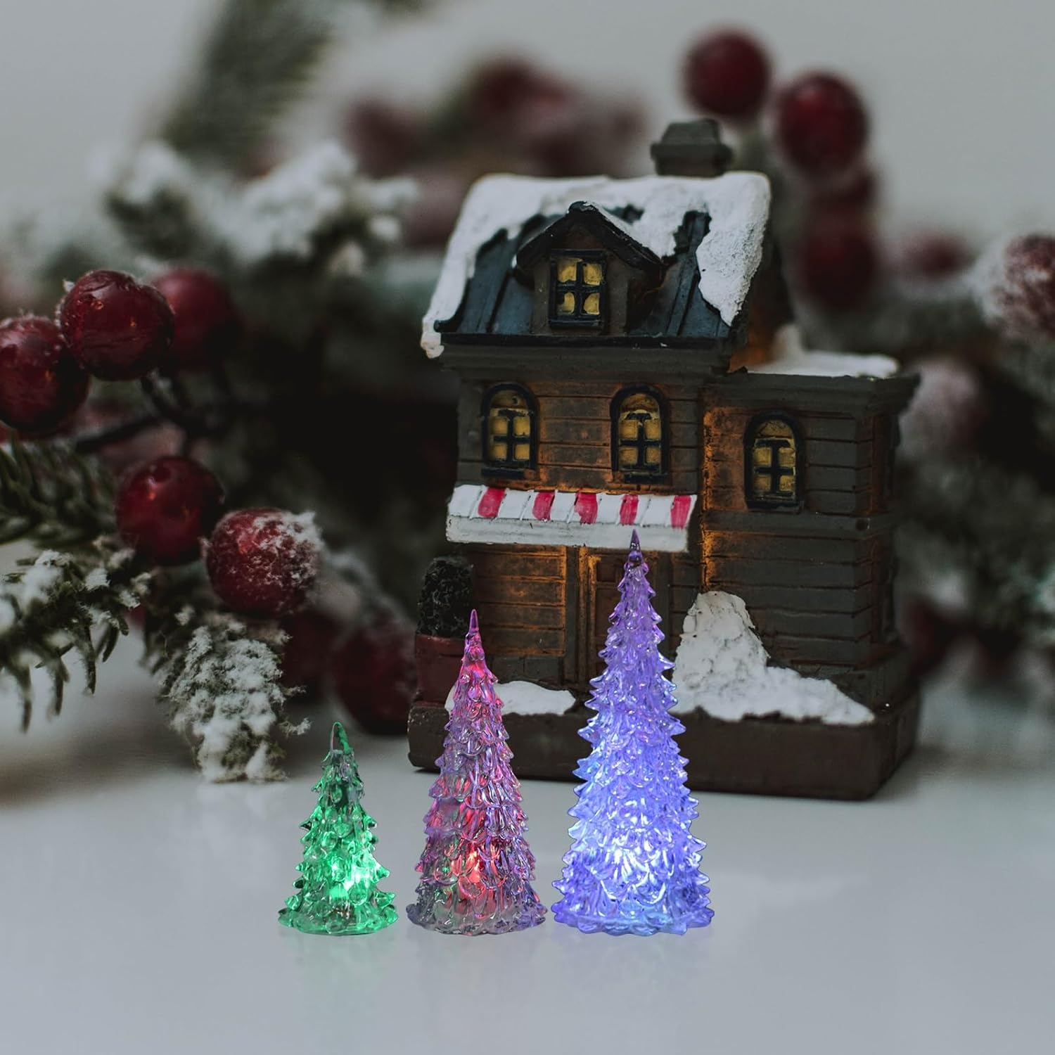 image:imageBeaupretty 3 Pieces Lighted Christmas Tree Figurine Color Changing LED Acrylic Holiday Tree Christmas Table Top Decoration for Centerpieces Window Desk Mantel Gift White