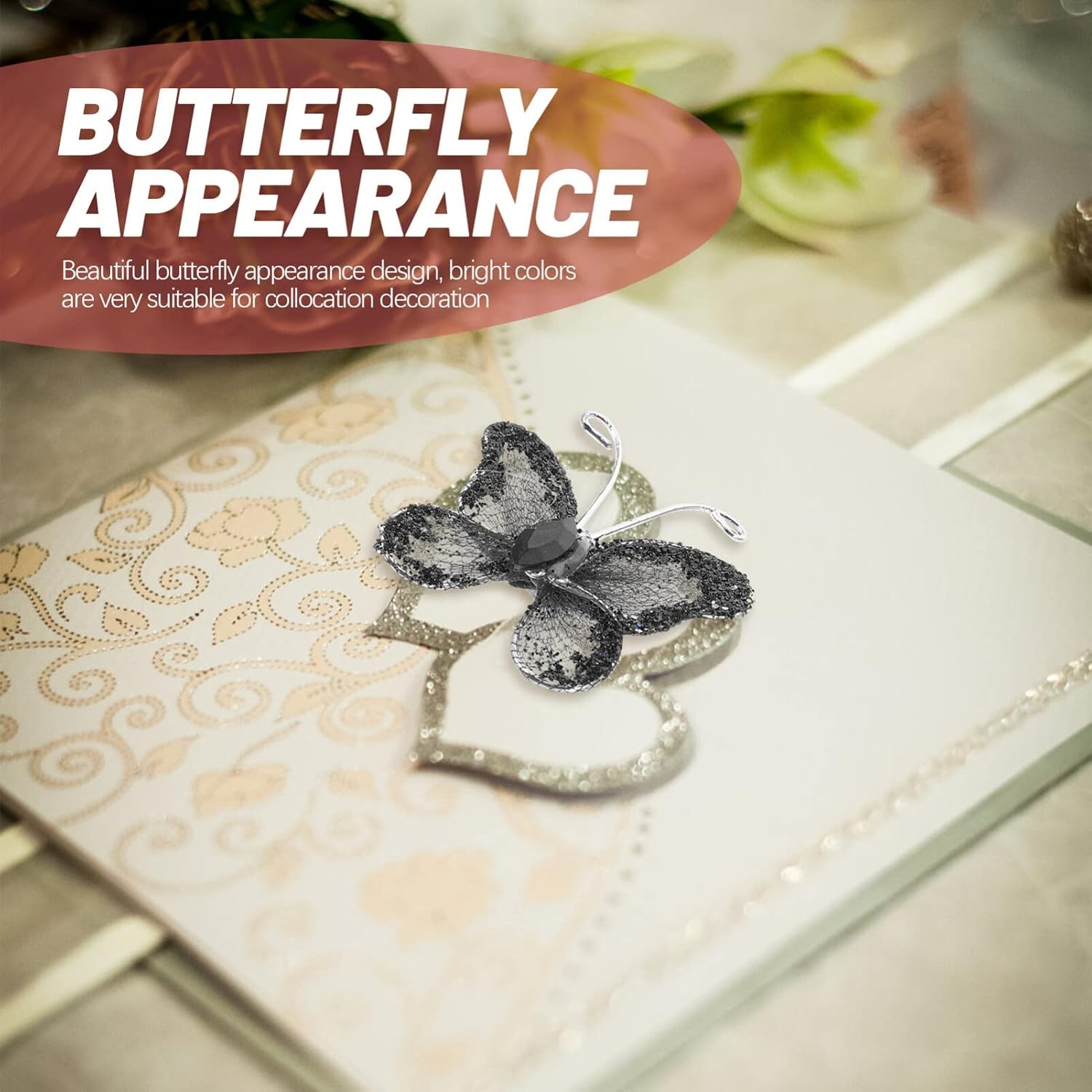 image:imageBeaupretty 50pcs Butterflies DIY Craft Sheer Mesh Wire Glitter Butterfly with Gem for Wedding Home Decor Party PurpleBlack