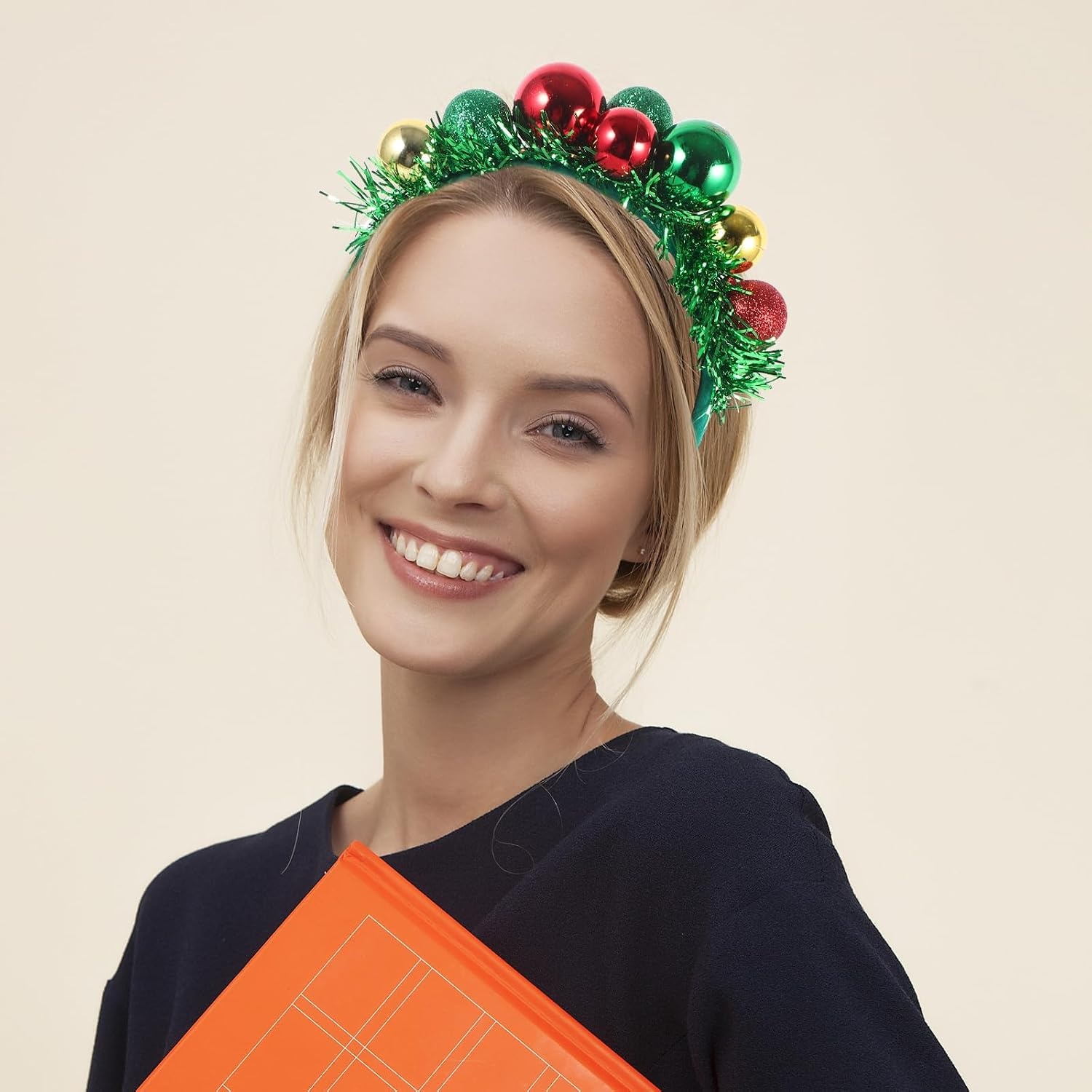 image:imageBeaupretty Christmas Ball Hairband Colorful Ball Headpieces with Green Tinsel Decor Xmas Party Headdress for Women Girls