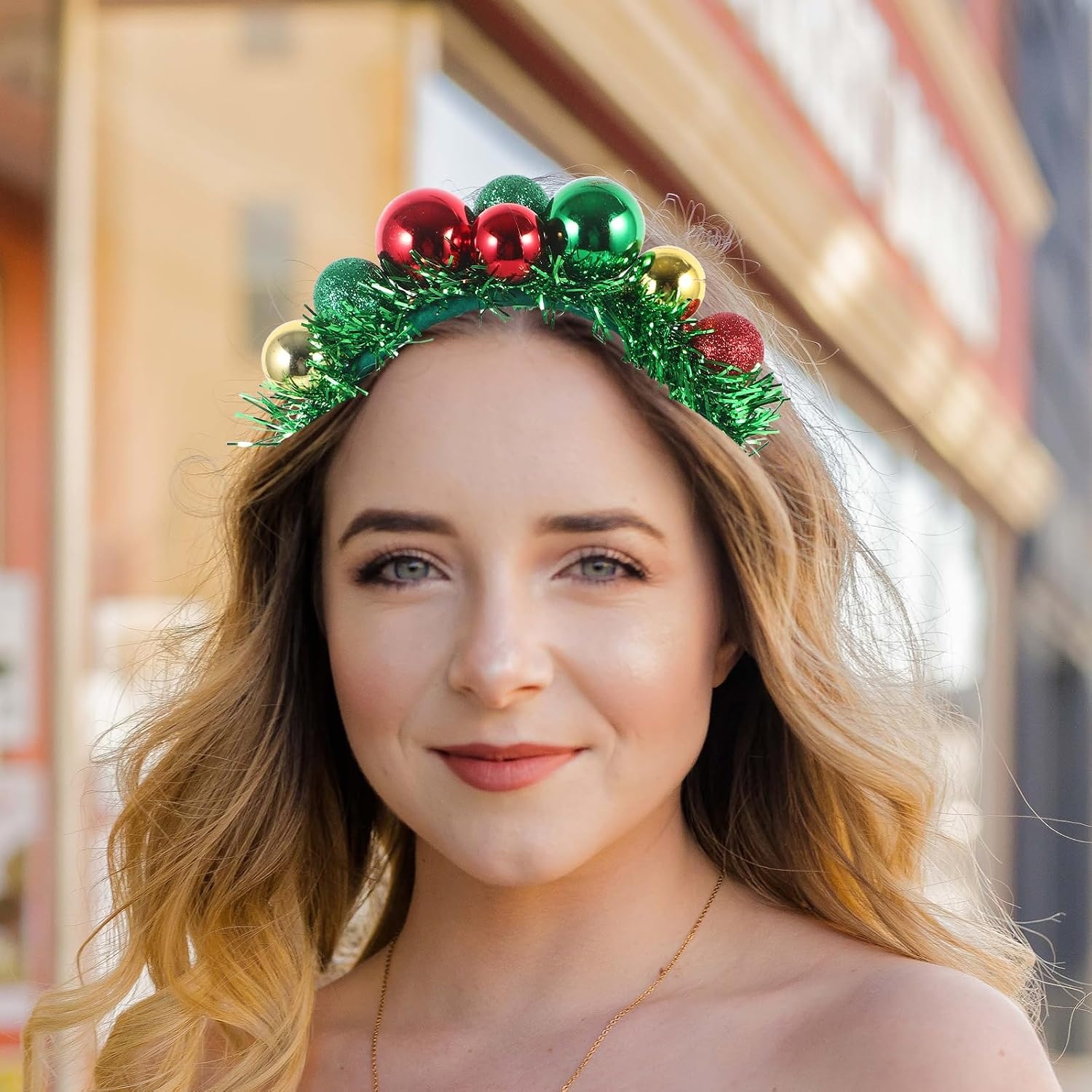 image:imageBeaupretty Christmas Ball Hairband Colorful Ball Headpieces with Green Tinsel Decor Xmas Party Headdress for Women Girls