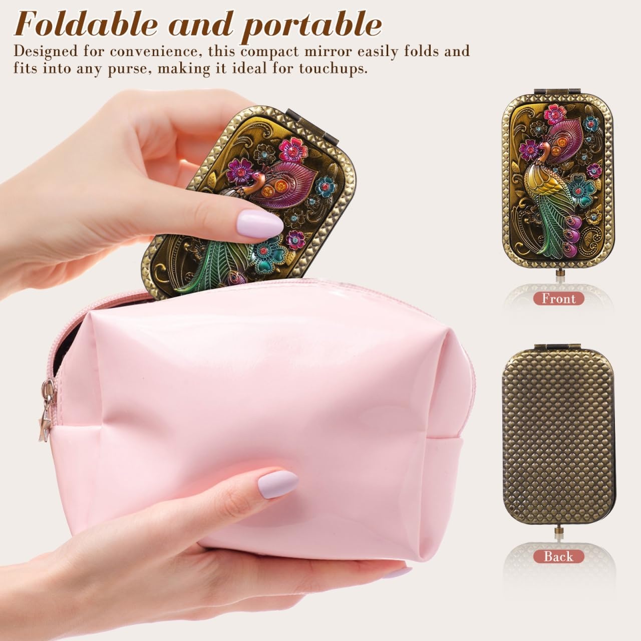 image:imageBeaupretty Vintage Compact Mirror Elegant Peacock DoubleSided Metal Folding Makeup Mirror for Purse amp Travel Antique European Style