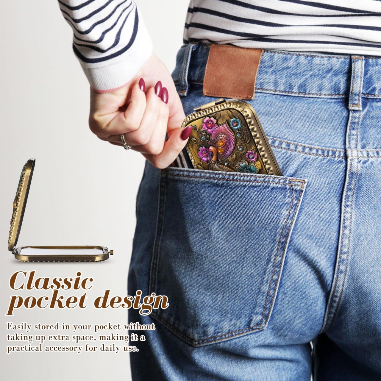 image:imageBeaupretty Vintage Compact Mirror Elegant Peacock DoubleSided Metal Folding Makeup Mirror for Purse amp Travel Antique European Style