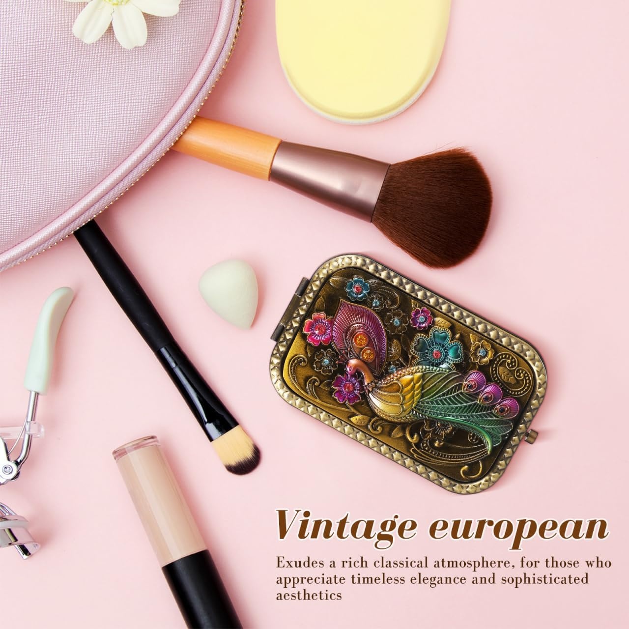 image:imageBeaupretty Vintage Compact Mirror Elegant Peacock DoubleSided Metal Folding Makeup Mirror for Purse amp Travel Antique European Style