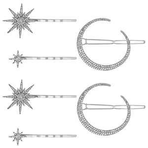image:imageBeaupretty 2pcs Moon Star Hair Clips Vintage Metal Alloy Rhinestone Bobby Pins Hair Accessories for Women Silver