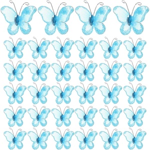 image:imageBeaupretty 50pcs Butterflies DIY Craft Sheer Mesh Wire Glitter Butterfly with Gem for Wedding Home Decor Party PurpleSkyblue