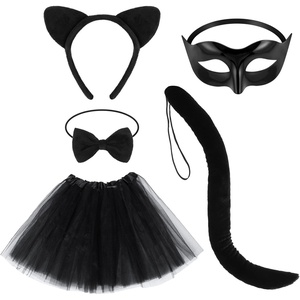 image:imageBeaupretty Black Cat Costume for Women Cat Costume Accessories Cat Ear Headband Tail Cosplay Tutu Skirt Bow Tie Half Mask Black Animal Halloween Accessory Kit for Women Girls
