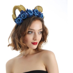 image:imageBeaupretty Halloween Bull Horn Headband Coplay Headdress Blue Rose Ox Horn Headwear Costume Hair Band for Halloween Masquerade Cosplay