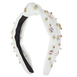 image:imageBeaupretty Knotted Wide Headband Rhinestone Pearl Headband Fashionable Baseball Head Band Knot Wide for Women GirlsBlueWhite