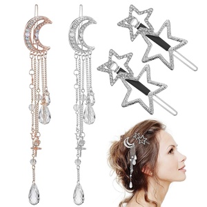 image:imageBeaupretty Moon Star Hair Clips Rhinestone Barrettes with Long Tassel Hairpins for Women Girls 4 Pieces Silver Gold Hair Accessories for Parties Weddings Daily Use