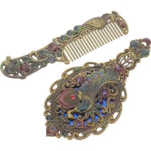 image:imageBeaupretty Vintage Makeup Mirror and Comb Set Handheld Mirror with Handle Decorative Metal Hand for Travel Makeup TouchUps Curly Hair Styling Peacock Embossed Design