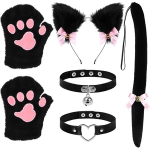image:imageCat Cosplay Costume Set Plush Furry Cat Fox Faux Fur Ears Headband with Choker Necklace Tail and Paws Gloves for Halloween Black