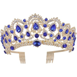 image:imageFRCOLOR Jeweled Baroque Queen Crown Korean Water Drill Bride Crown Top Hair Tiara Crystal Wedding Tiara Quinceanera Costume Party Hair Accessories Blue